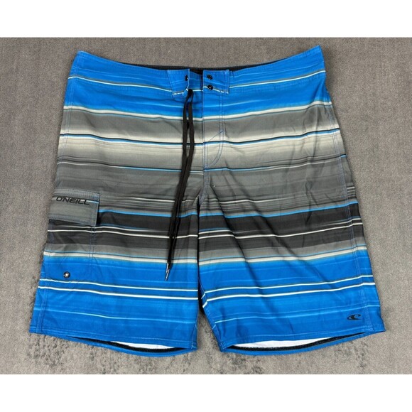 O'Neill Board Shorts Sz. 38 Swim Suit Striped Blue Grey Surfer Beach Ocean Pool - Picture 1 of 5